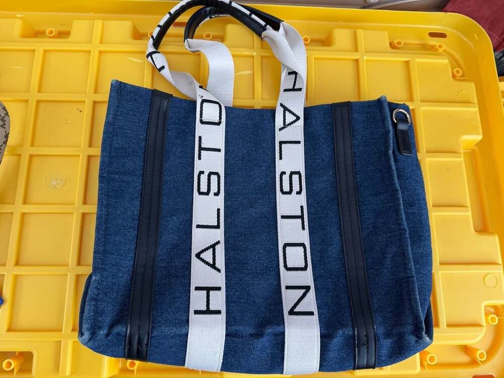 A Halston Blue Denim Canvas Tote Bag With Logo Strap
